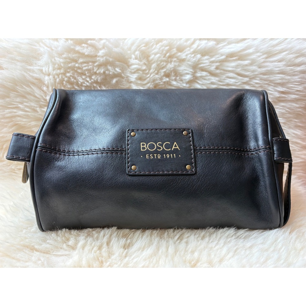 Bosca Black Leather Dopp Kit Toiletry Bag Men's Travel Shave Case